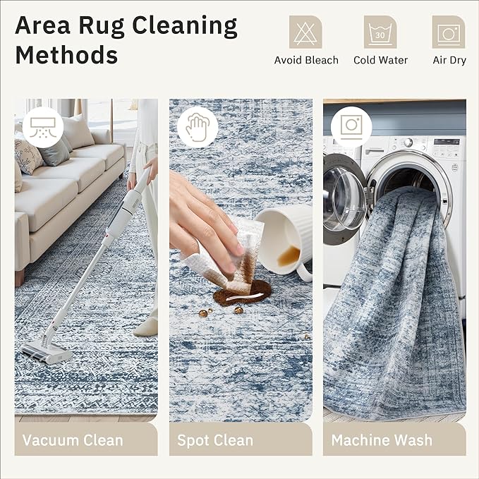 5x7 Area Rugs Blue Low Pile Indoor Washable Trendy Faded Style Rugs - Image 4