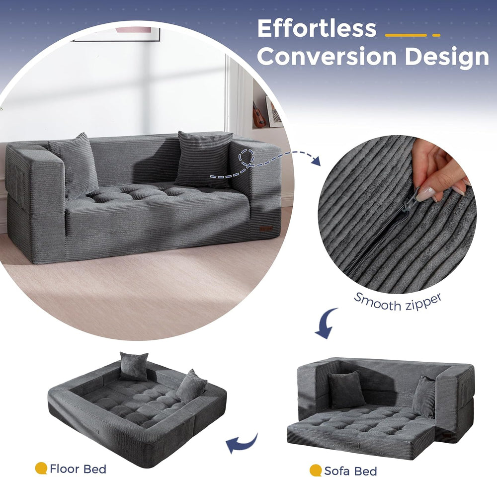 MAXYOYO 63" Folding Sofa Bed, Convertible Boneless Couch with Pillow