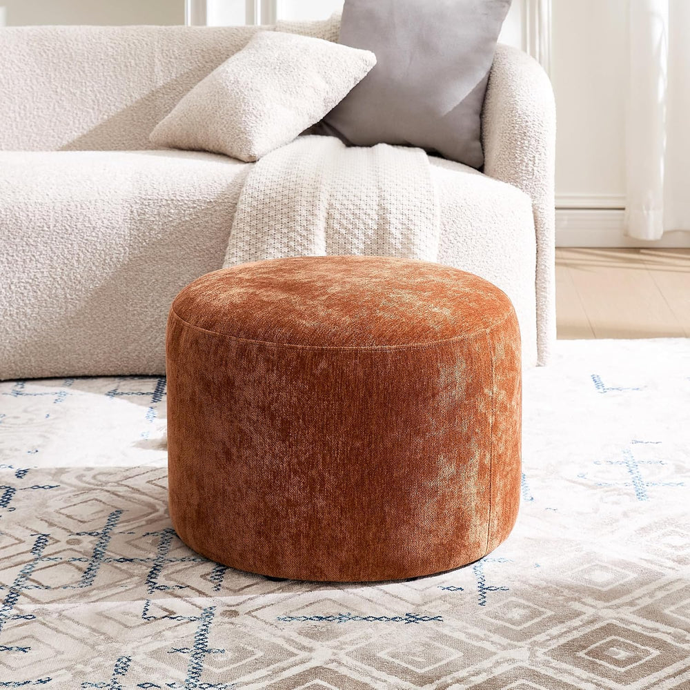 Upholstered Round Pouf Ottoman, Modern Footstool, Orange-Brown