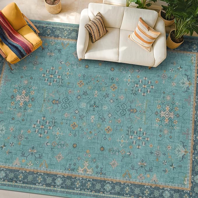 Boho Teal 7x9 Soft Rugs for Living Room, Washable Turquoise Rug for Bedroom by HazoHaus