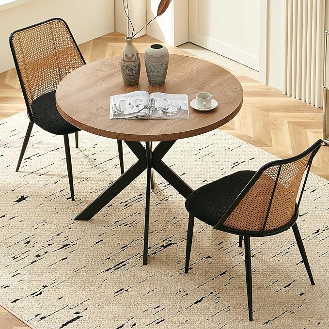 Dining Chairs Set of 2, Boho Rattan Back Dining Room Chairs Upholstered Boucl...