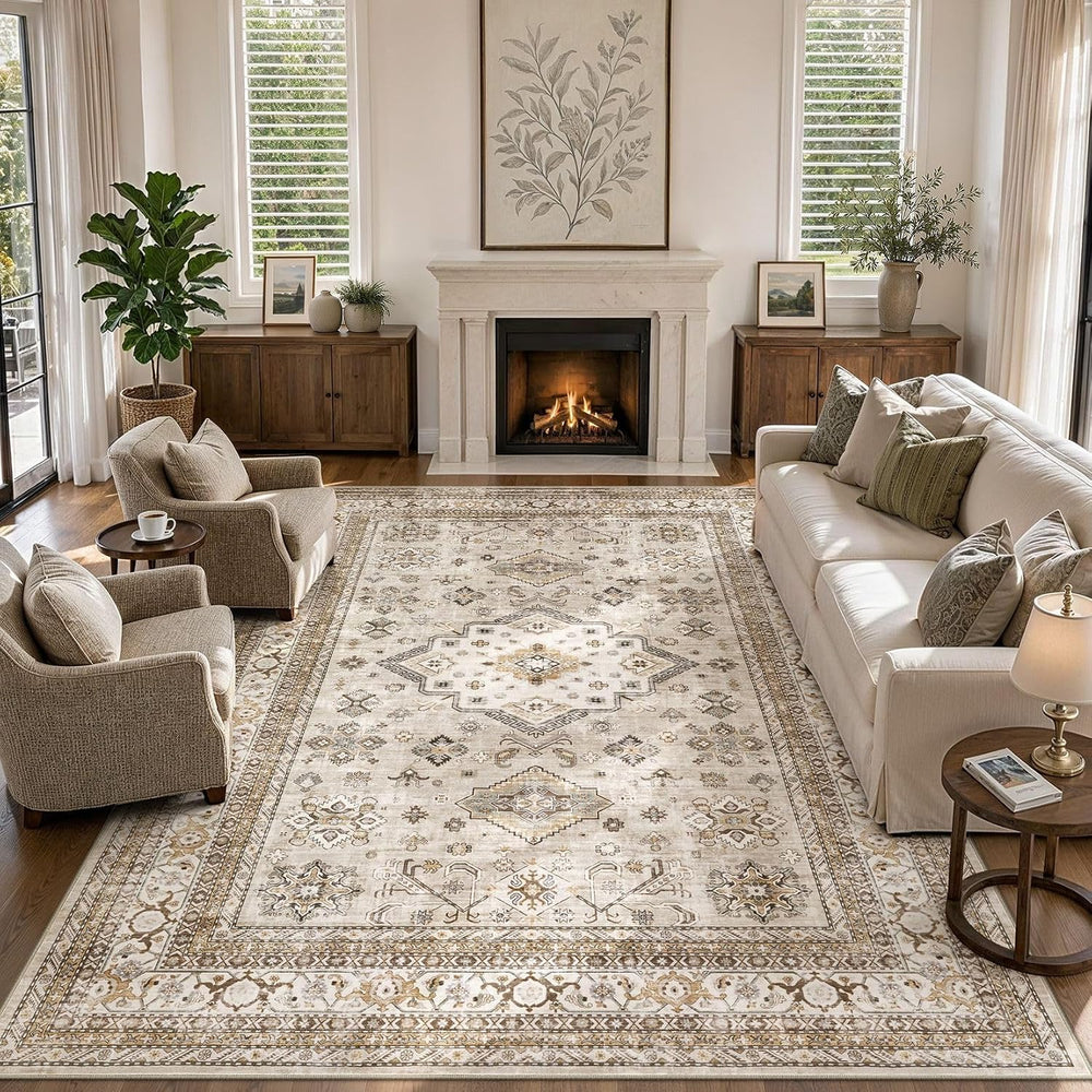 cotiled 6x9 Area Rug for Living Room, Washable, Traditional, Beige