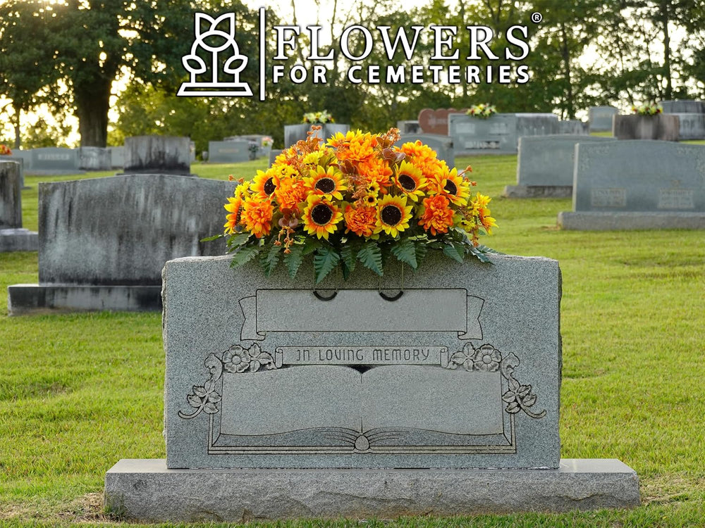Sympathy Silks 30-Inch Fall Headstone Saddle, Sunflowers & Amber Mums