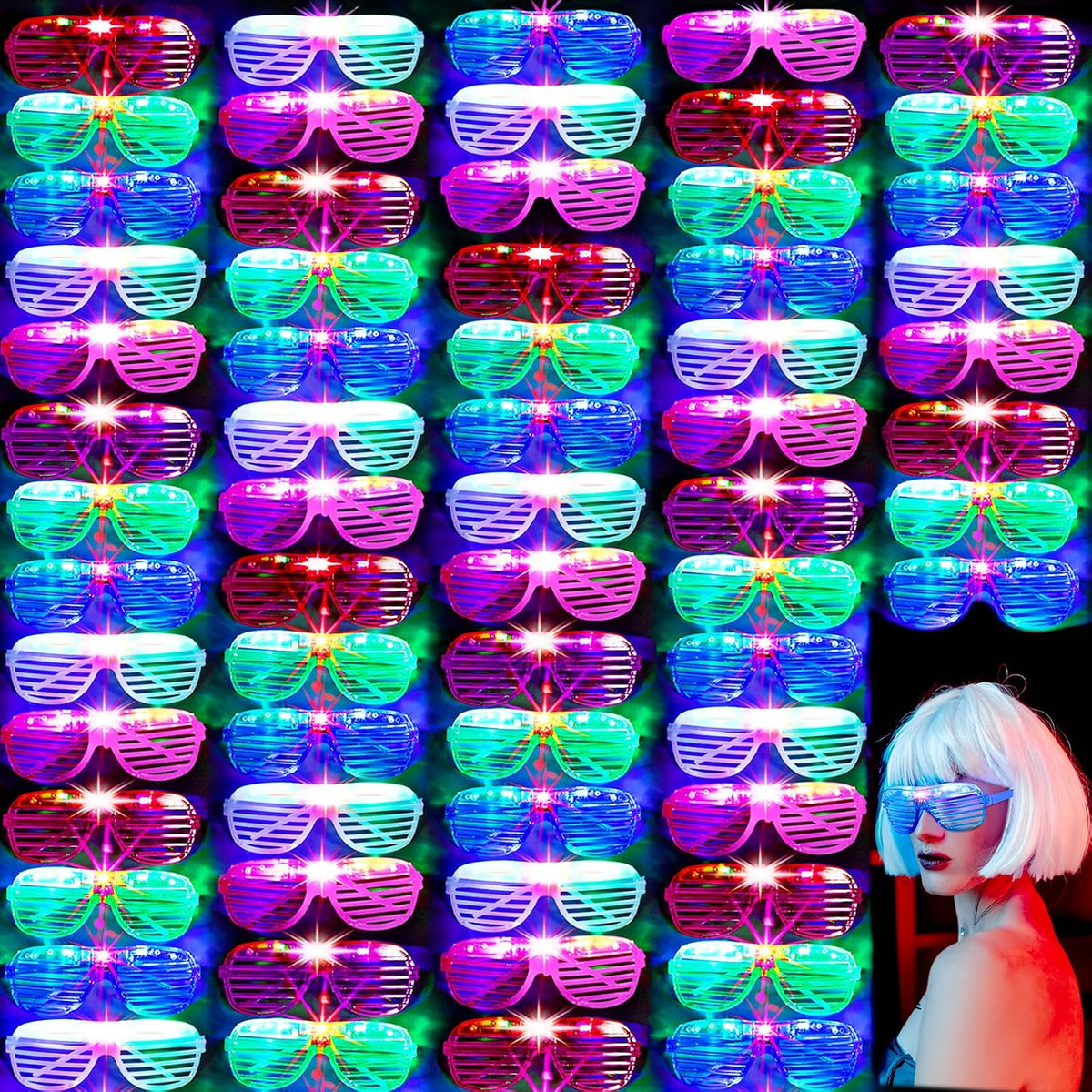 Honoson 102 Pcs LED Light Up Glasses, Glow Shutter Glasses, Glow in the Dark Party Supplies for Adult Neon Flashing Bulk Party Favor for Halloween Birthday Wedding Carnival Rave Xmas Concert (6 Color)