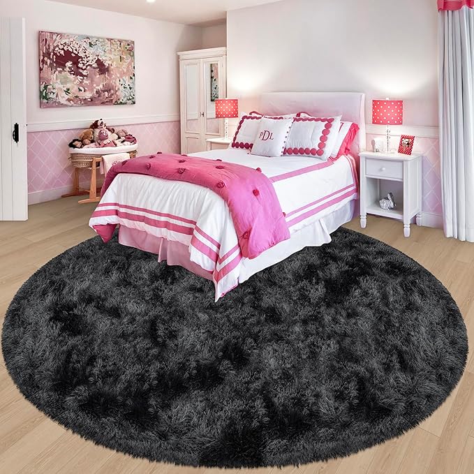 7x7 ft Tie Dye Black Round Rug for Bedroom Room Fluffy Circle Rug Furry Carpet - Image 3