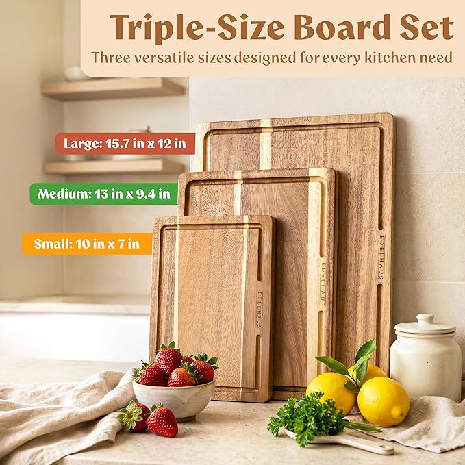 Acacia Wood Cutting Board for Kitchen, Non-Toxic Cutting Board Set of 3