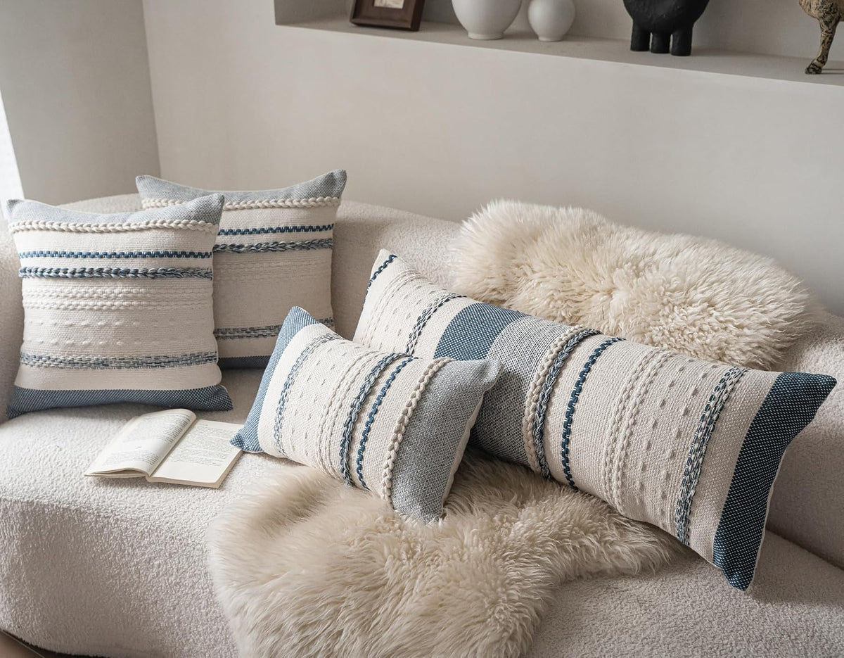 boho lumbar pillow covers 14x36 inch long, blue shown in use