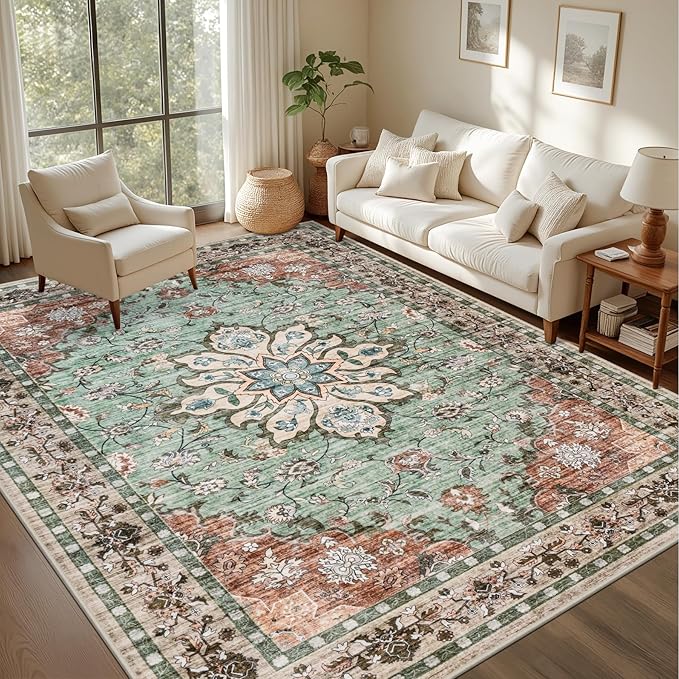 6x9 Area Rugs Living Room Rug: Washable Vintage Distressed Floral Rug No Slip by EXPEDIX