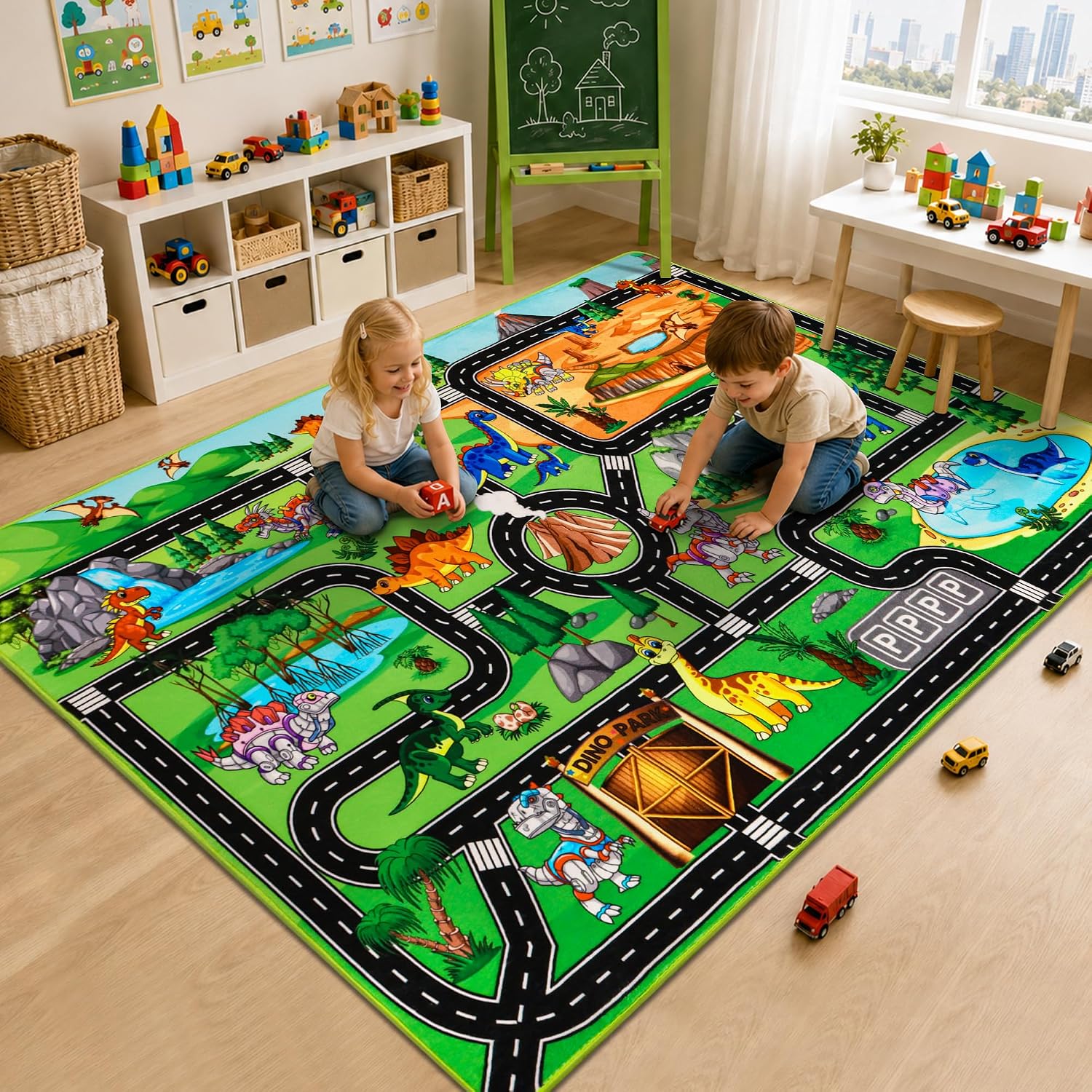 Kids Dinosaur Rug for Playroom 59" x 39.4", Dino Road Play Mat with Car Tracks, Educational Toddler Play Rug for Boys Bedroom, Robot Dinosaur Park Carpet for Toy Cars, Nursery, Classroom