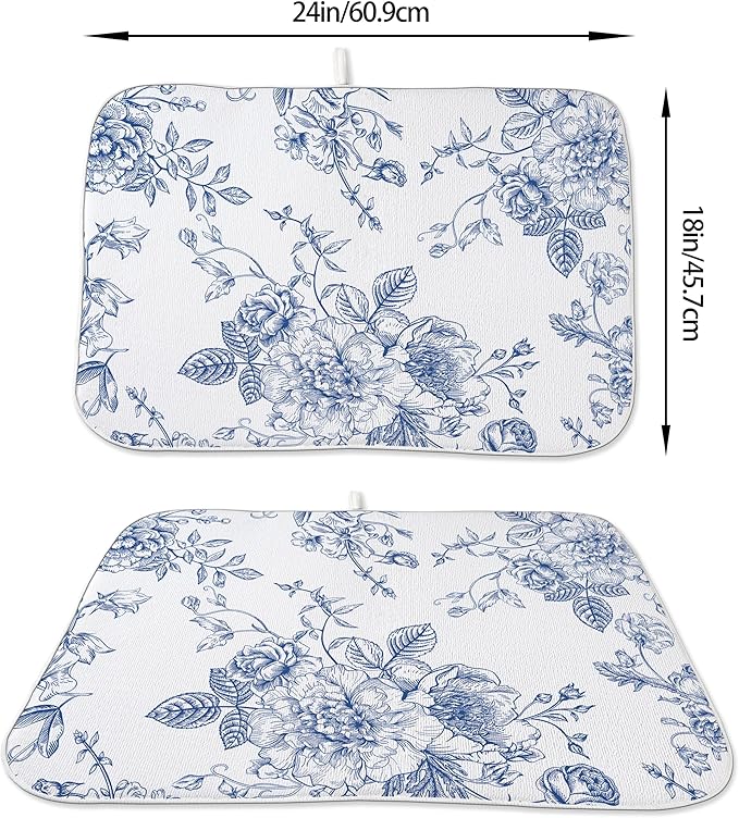Chinoiserie Floral Dish Drying Mat 18 x 24 inch Vintage Blue Flower Decorative - Image 2