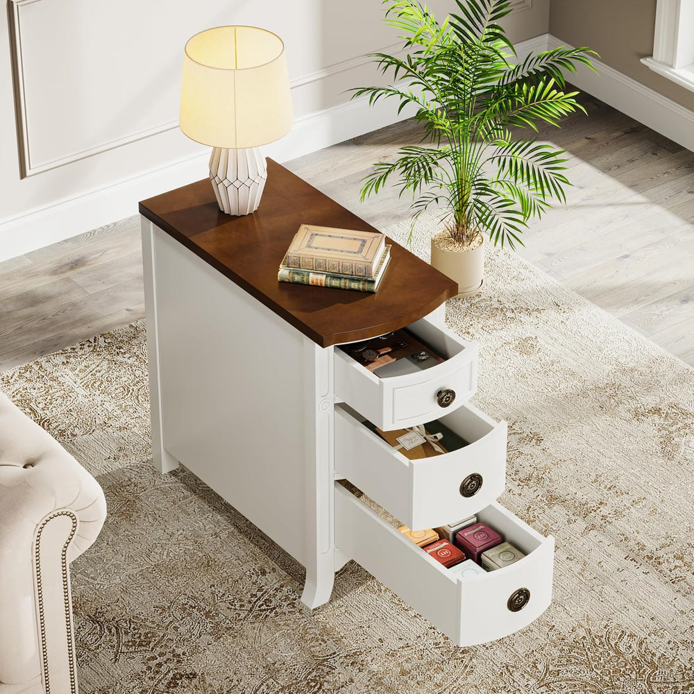 Farmhouse Solid Wood End Table, 3-Drawer Narrow Side Table Slim Chair Table f...