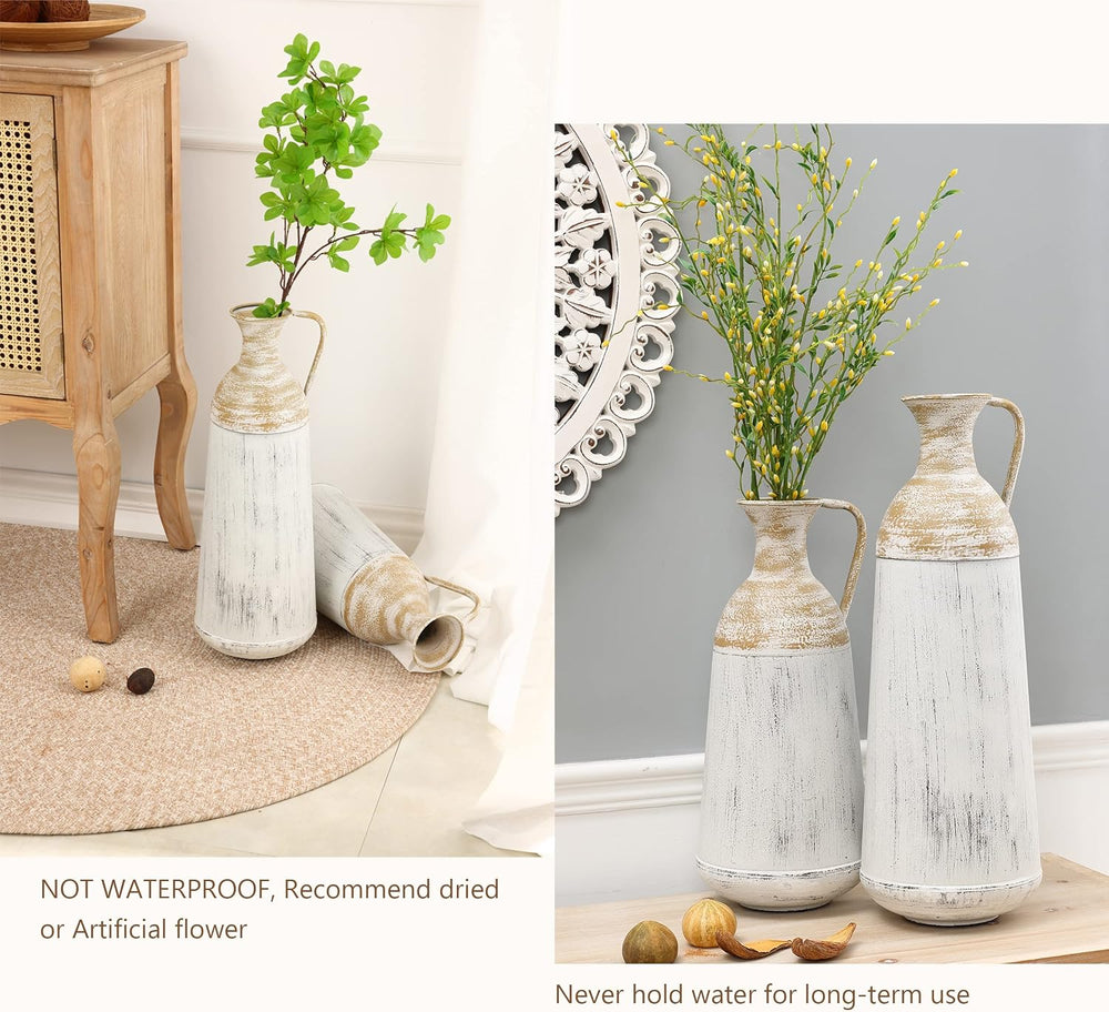 LuxenHöme Tall Floor Vase,Set of 2,Distressed Off White and Brown Rustic Meta...