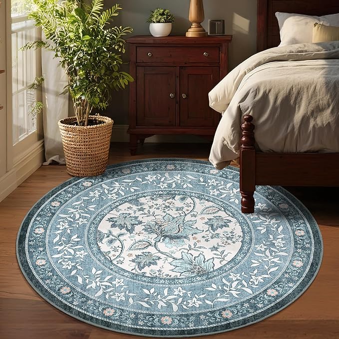 GarveeHome Misty Blue Botanical Grove 6ft Round Rug, Small Circle Vintage - Image 3