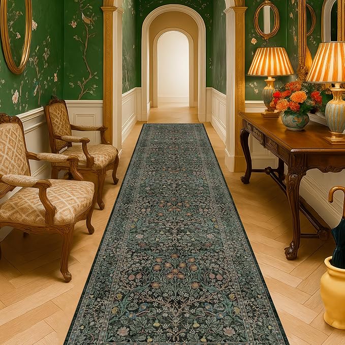 Dark Green Washable 3x20 Extra Long Runner Rug by HazoHaus