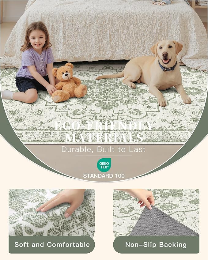 Madane 8x10 Area Rugs for Living Room, Machine Washable Vintage Green Rug - Image 4
