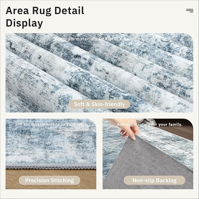 12x15 Washable Area Rug Blue/Grey Neutral Abstract Living Room Large Carpet Non - Image 6