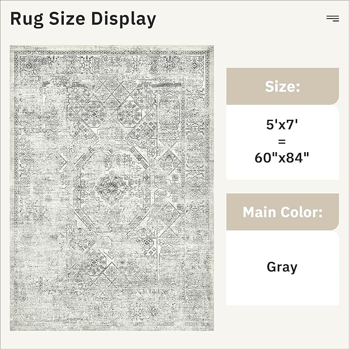5x7 Area Rugs Grey Low Pile Indoor Washable Trendy Faded Style Floral Rugs - Image 3