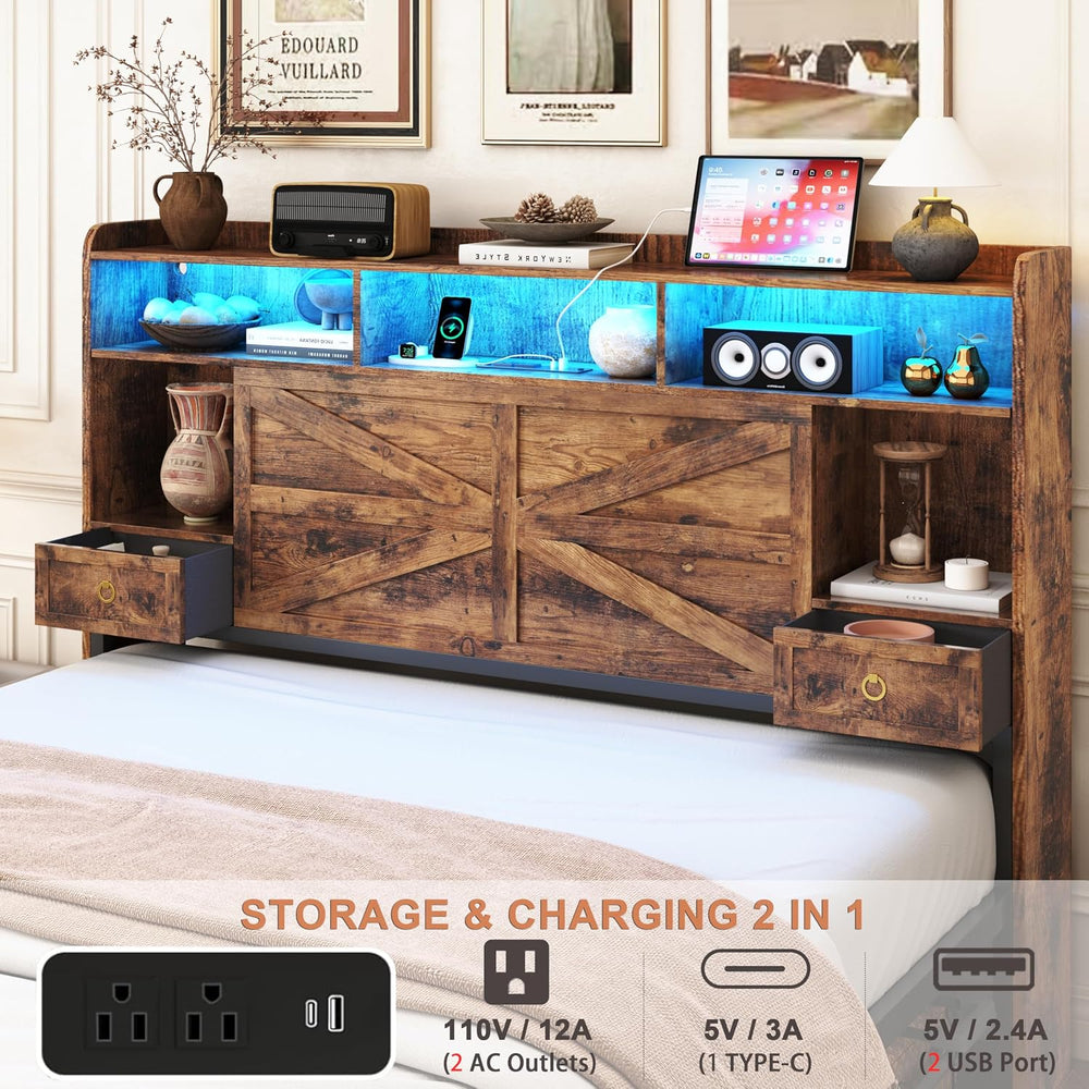 Full Bed Frame with 4 Drawers Bookshelf Headboard, Farmhouse Bed Frame with C...