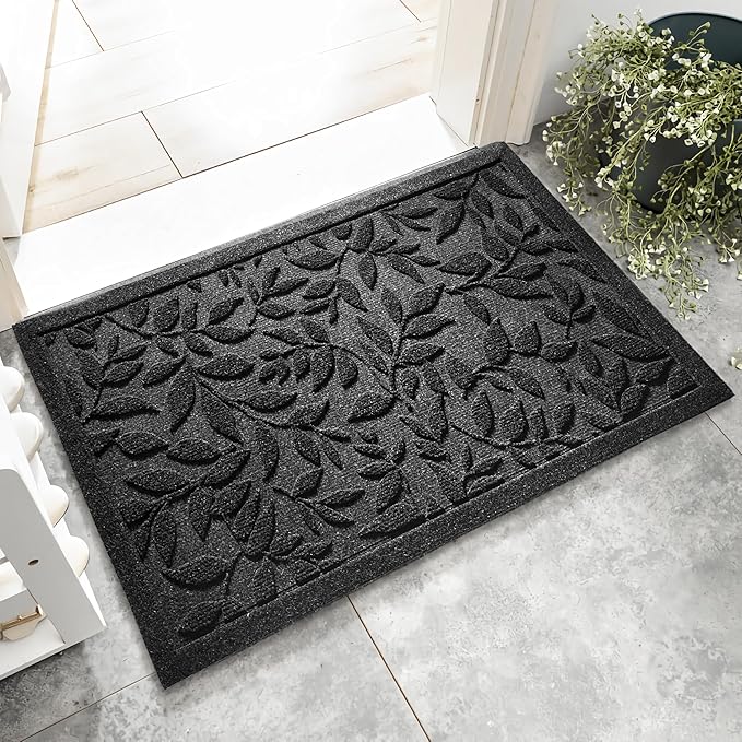Black Leaves Outdoor Indoor Entrance Doormats, Absorbent Durable Heavy Duty by VivaNest