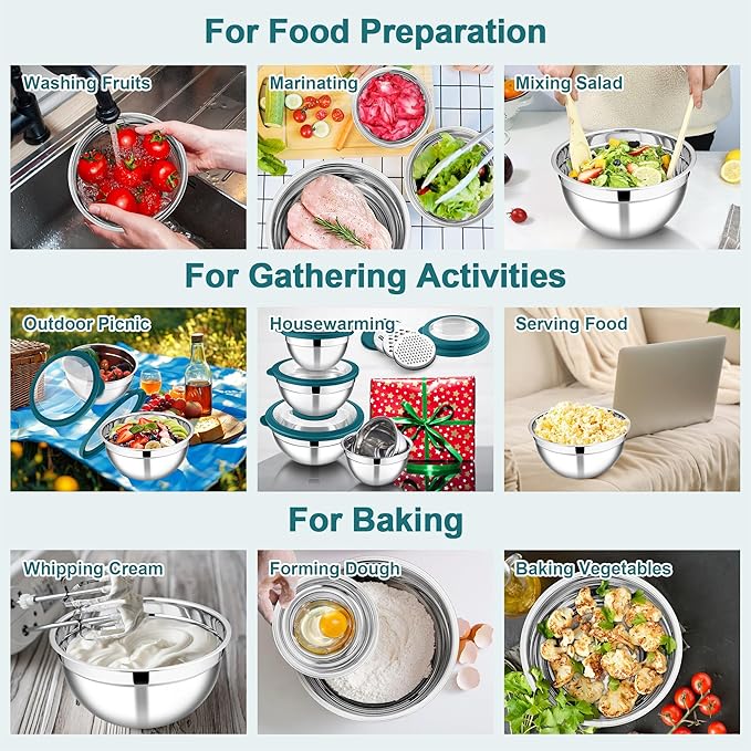 E-far Mixing Bowls Set of 5, Stainless Steel Salad Mixing Bowl - Image 6
