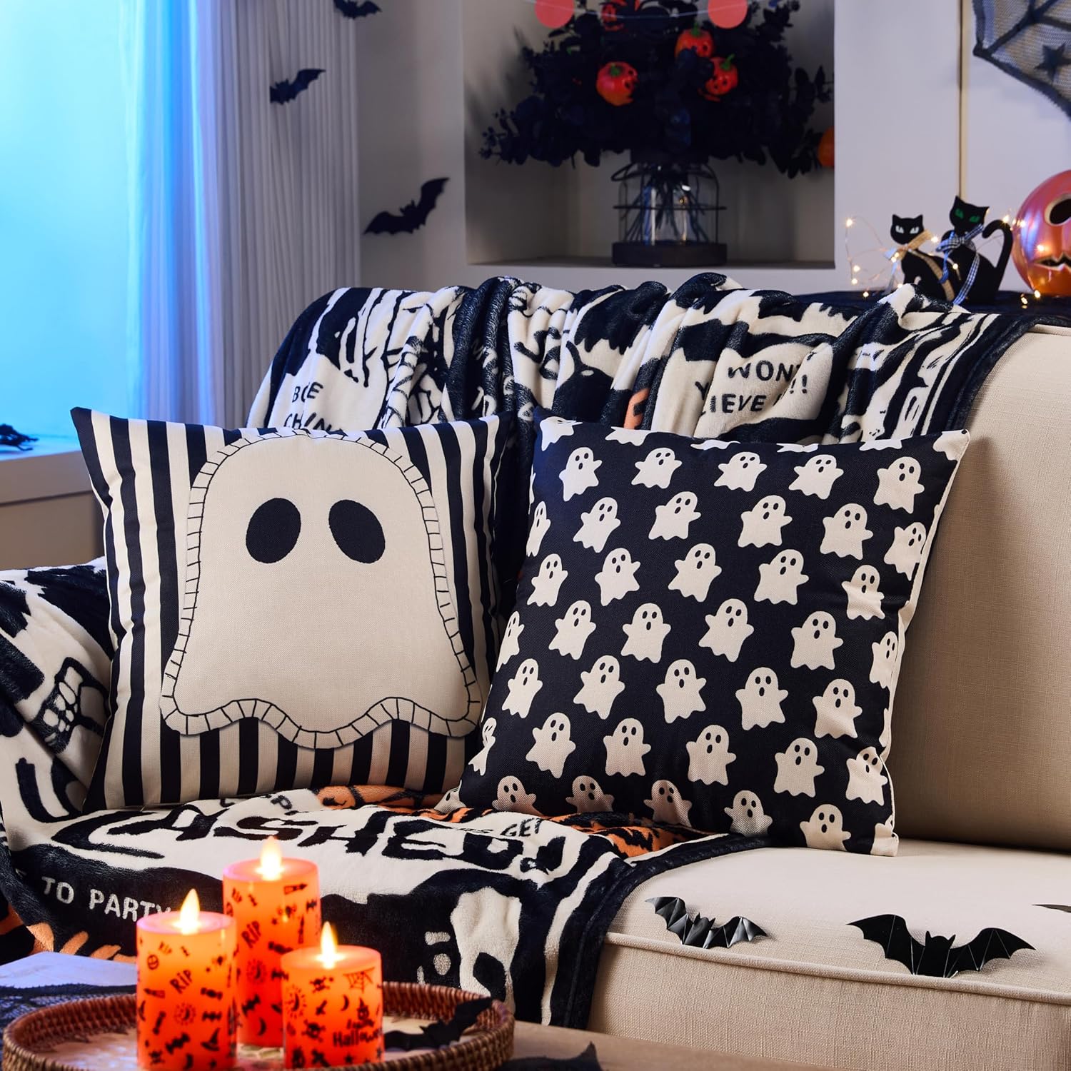Halloween Decor Pillow Covers 20x20 Inch,Set of 4 Halloween Decorations Outdoor Indoor Throw Pillow Covers, Hey Boo Cute Spooky Ghost Black Striped Linen Cushion Case for Home Sofa Couch Bed Chair