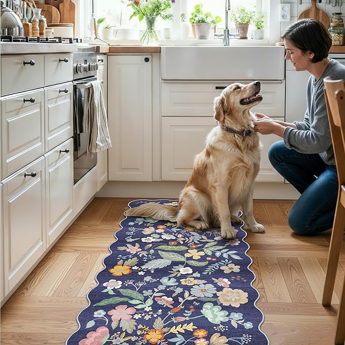 2x5 Washable Hallway Runner Rug: Stain Resistant Floral Scalloped Kitchen Rug - Image 5