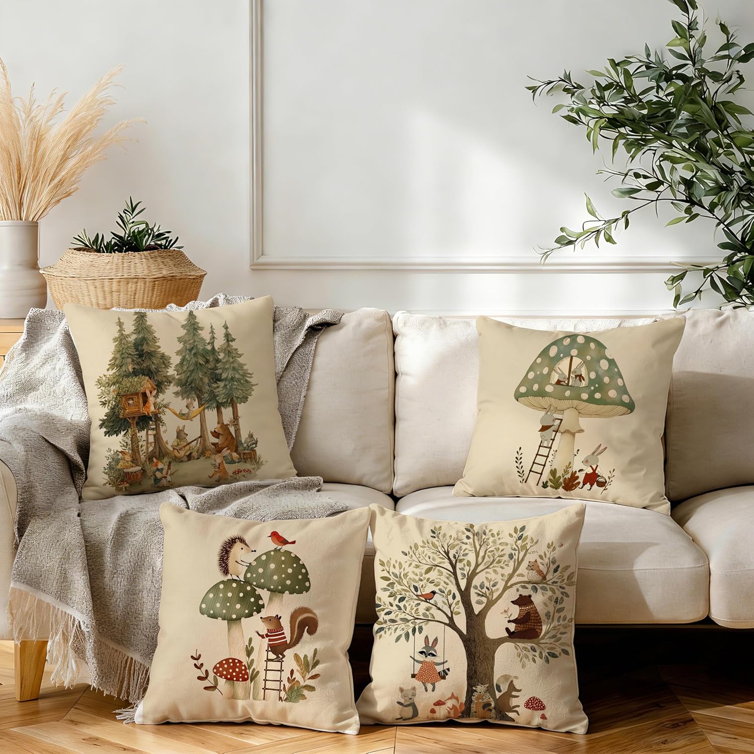 Whimsical Forest Animal Kids Pillow Cover 18x18 Double-Sided Set of 4, Boho Cottagecore Tree Mushroom Throw Pillow Cover Case for Nursery Kids Bedroom Playroom
