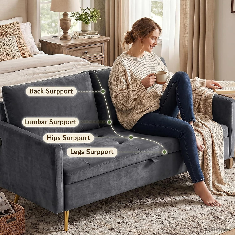 Mid Century Modern 60 In Grey Loveseat Storage Sofa 2 Seat With USB Ports