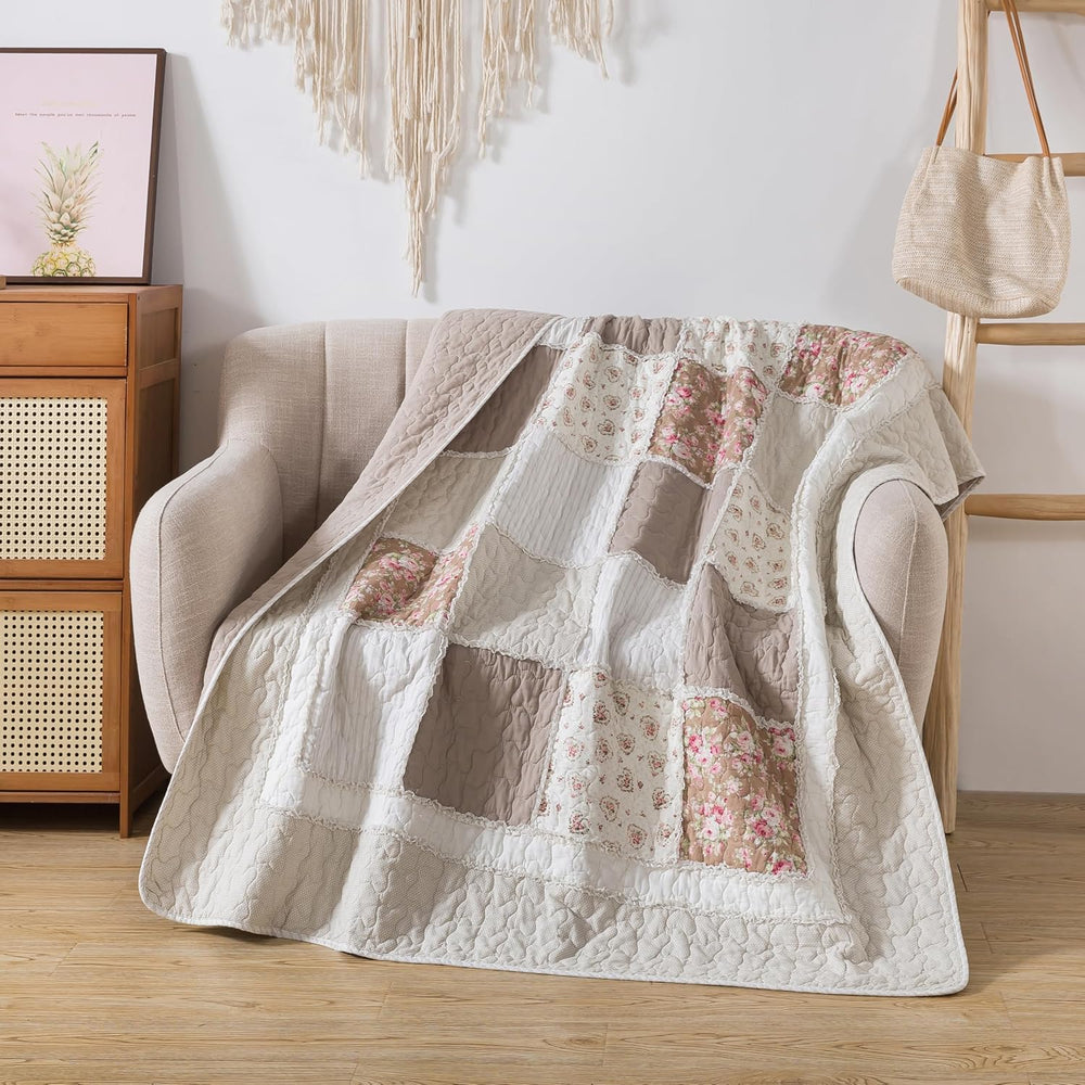 Soul & Lane - Taupe Bloom Beige Cotton Quilted Throw Blanket, 50" x ...