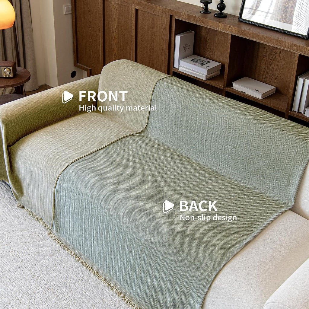 Couch Covers for Dogs 3 Cushion, Loveseat Slipcovers Washable, Pet L Shape Sectional Couch Protector, Boho Sofa Blanket Cover, Herringbone Chenille, Green, 91"x134"