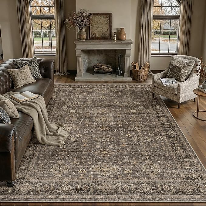 10x14 Washable Area Rug for Living Room Bedroom Vintage Brown Non Slip Carpet by WondRg