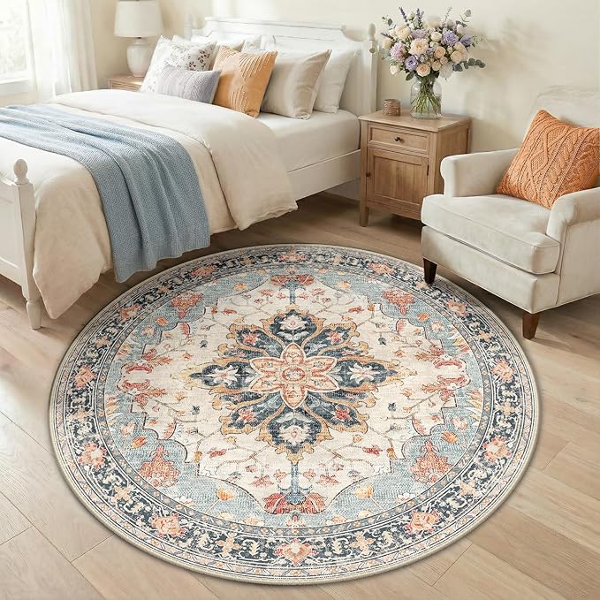 RELEANY Area Rugs 5ft Washable Non-Slip, Floral Vintage Distress Print Pattern by RELEANY
