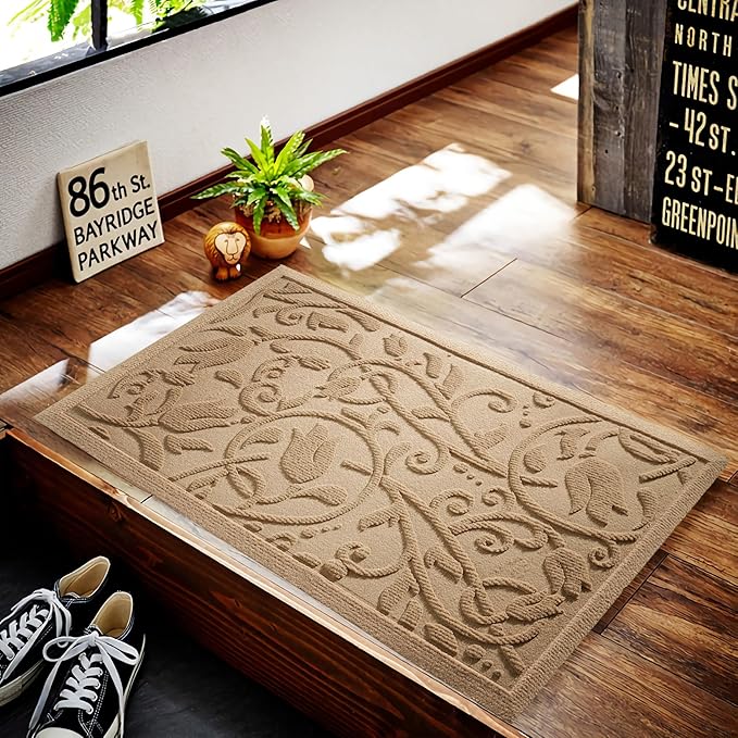Boho Beige Floral Leaves Outdoor Indoor Entrance Doormats, Absorbent Durable - Image 4