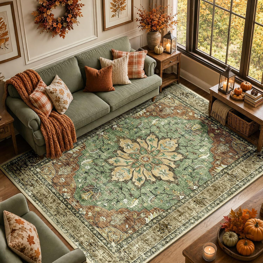 RELEANY Washable Area Rug, 6'x9', Brick/Brown/Green