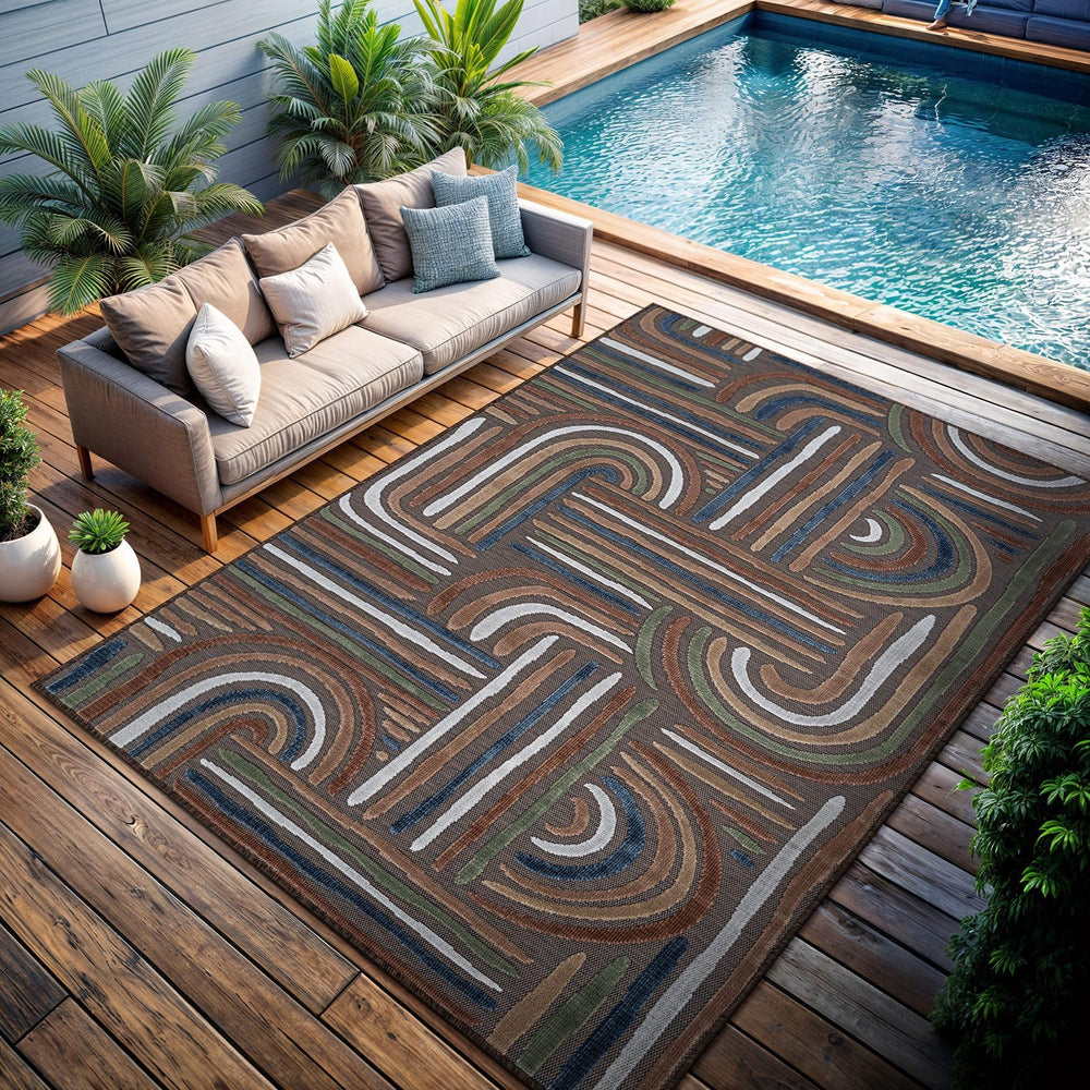 CAMILSON Indoor Outdoor Rug, Brown 8x10 Geometric Arch Striped Area Rugs for ...