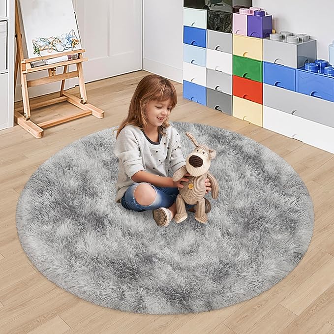 4x4 ft Tie Dye Grey Round Rug for Bedroom Room Fluffy Circle Rug Furry Carpet by JiaoBaba