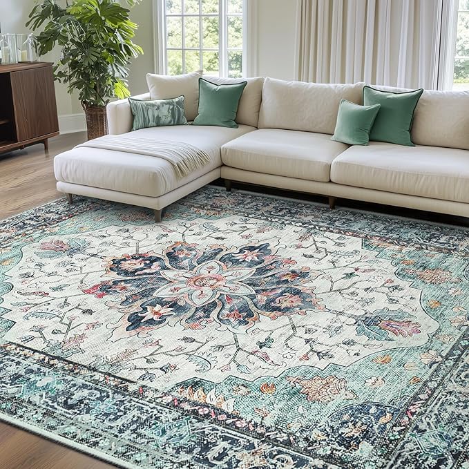 Area Rugs 8'x10' Washable Non-Slip, Floral Vintage Distress Print Pattern by RELEANY