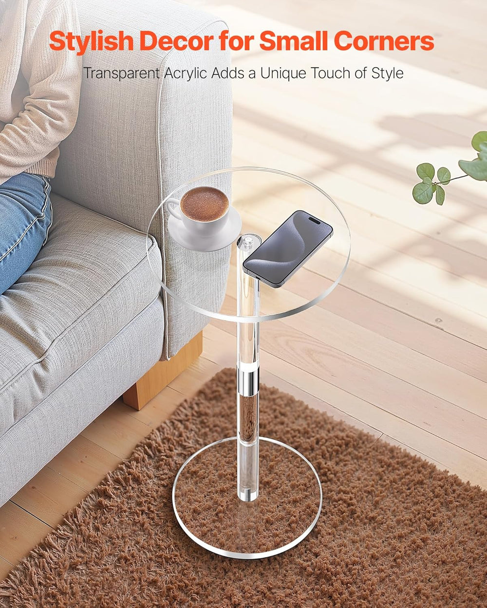VEVOR Acrylic Drink Table, Small Round Side Table with Solid Post, Modern Cle...