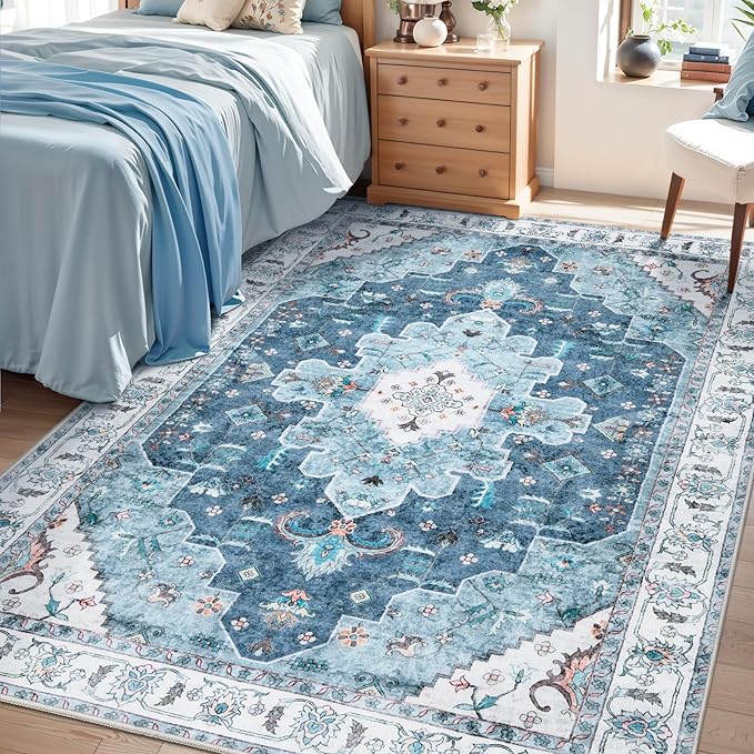 SERISSA Area Rug 4x6 Boho Rugs for Bedroom, Vintage Blue Washable Non Slip Rugs by SERISSAHomeDecorCollection