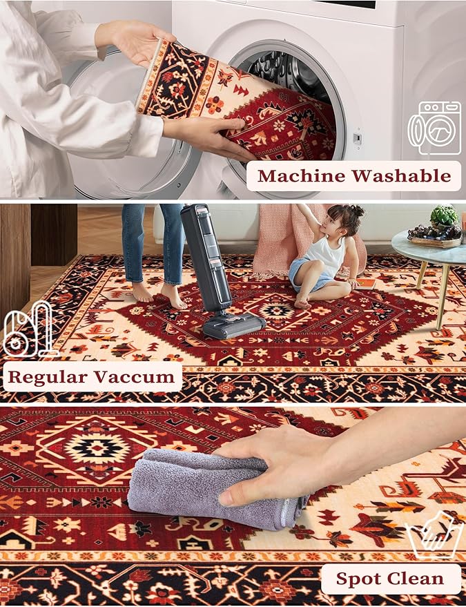 SERISSA Runner Rug for Hallways, Long Boho Rug Vintage Red Black Hallway Stair - Image 4