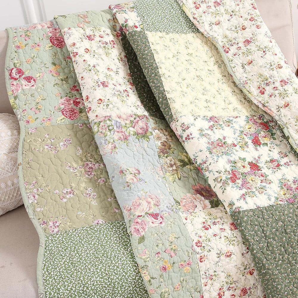 vctops 100% Cotton Quilted Throw Blanket 50x60 Inch Floral Patchwork Reversib...