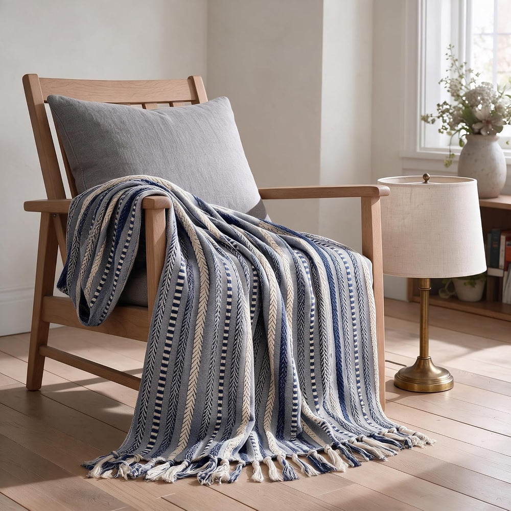 Horaldaily Braided Striped Decorative Throw Blanket, Navy Blue Soft Cozy Blan...