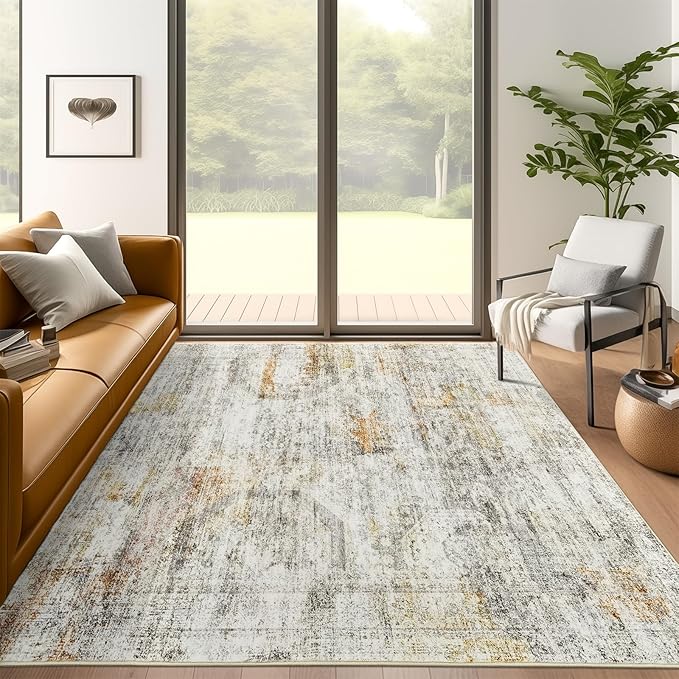 5x7 Area Rugs Gray Rust Low Pile Indoor Washable Trendy Faded Style Rugs by Soalmost