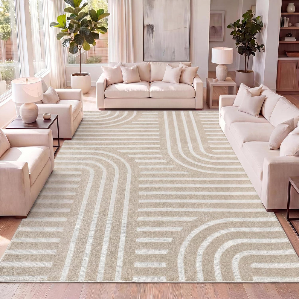 JONATHAN Y High-Low Arch Stripe Two-Tone Beige/Cream 8x10 Indoor/Outdoor Area...