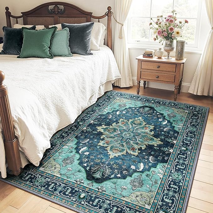 Area Rugs 4'x5' Washable Non-Slip, Floral Vintage Distress Print Pattern by RELEANY