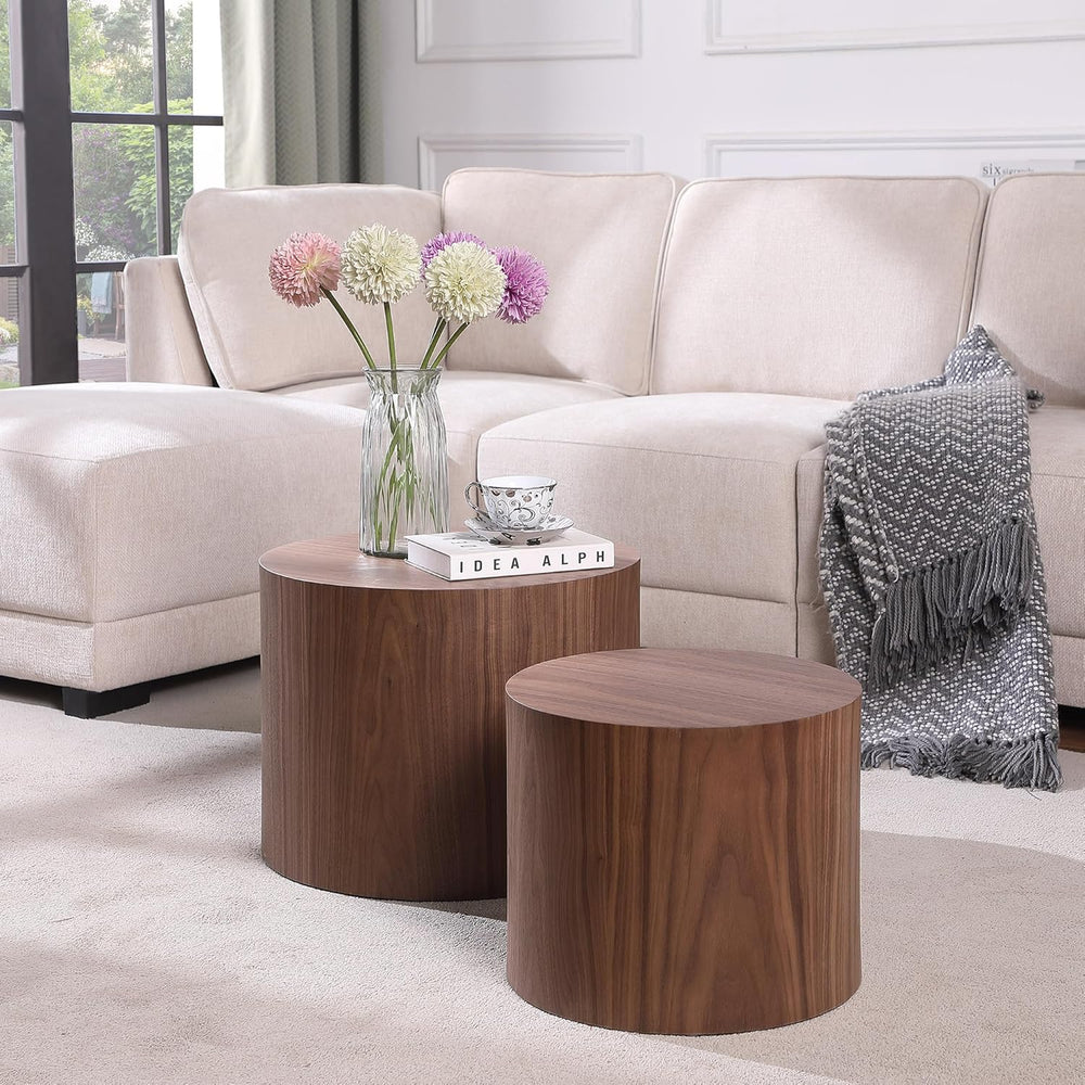 Round Coffee Table Set of 2, Nesting Coffee Table and End Table Set Wood Smal...