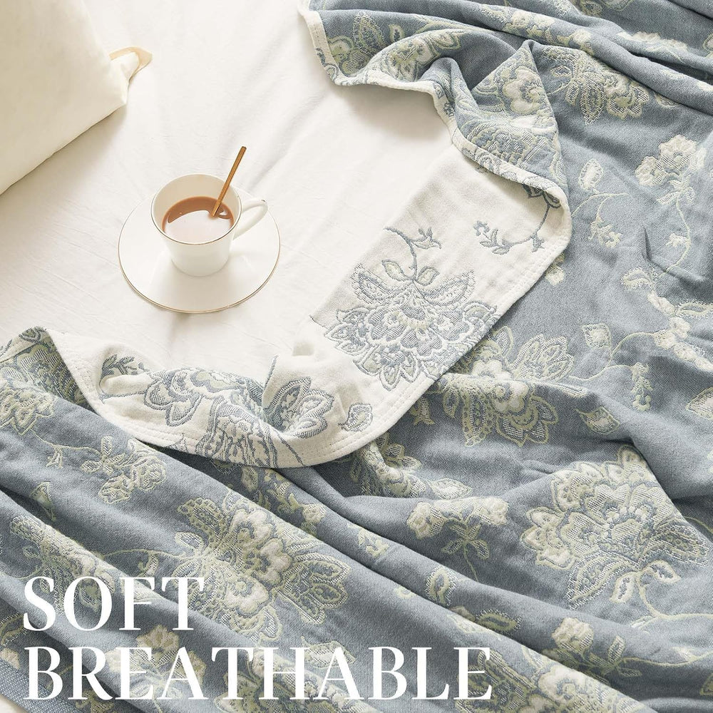 JINCHAN 100% Cotton Muslin Blanket Queen Boho Bed Blanket 80x90 Blue/White