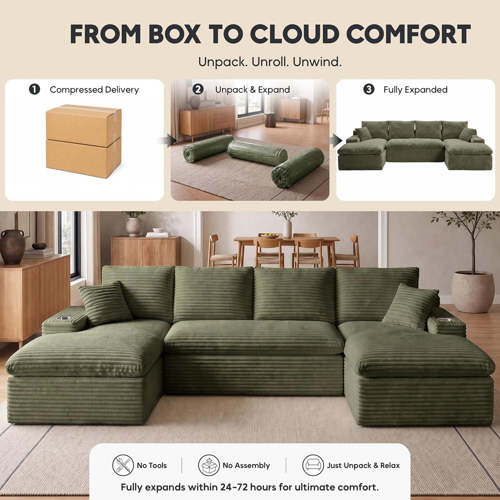 120" Modular Sectional Sofa, U-Shape Boneless Couch, Green