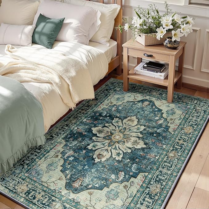 RELEANY Area Rugs 3'x5' Washable Non-Slip, Floral Vintage Distress Print by RELEANY