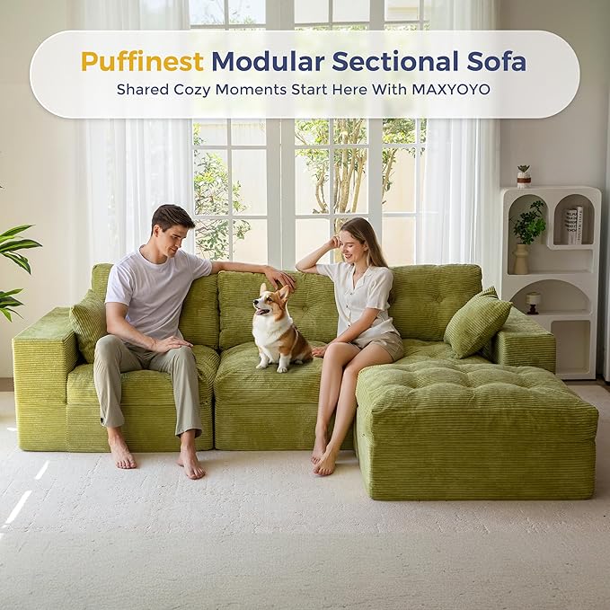 MAXYOYO 104" L Shaped Modular Sectional Sofa with Ottoman, Cloud Boneles...